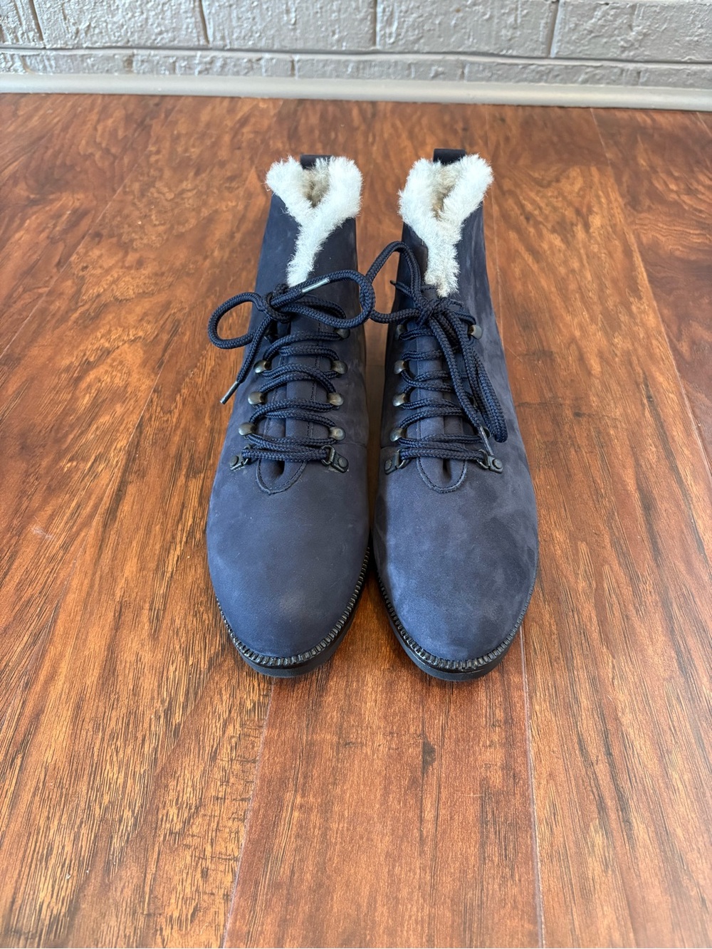 G.H. Bass & Co. Navy Suede Lace-Up Ankle Boots with Faux Fur Collar